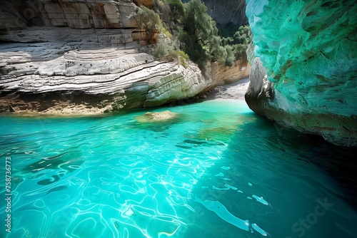 /imagine A hidden cove in Italy, nestled between towering cliffs and accessible only by a narrow opening in the rock, where the water is a stunning shade of turquoise.