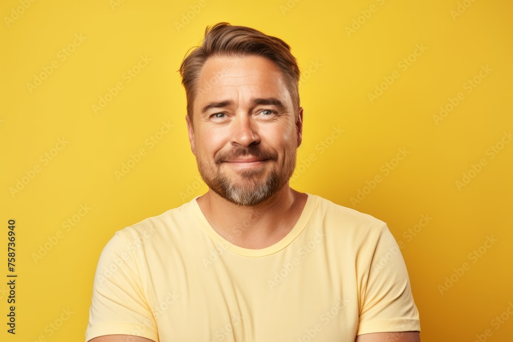 Portrait of a handsome young man with beard and mustache on yellow background Portrait of a handsome young man with beard and mustache on yellow background
