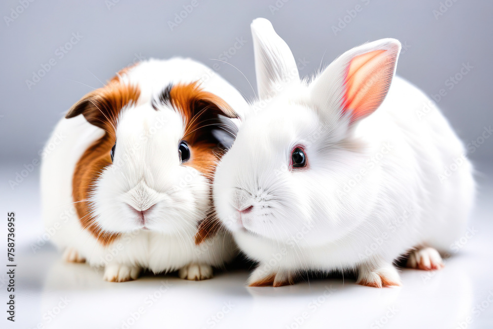 rabbit and guinea pig on a white background, space for text. Animal food advertising concept. rabbit and guinea pig on a white background, space for text. Animal food advertising concept.