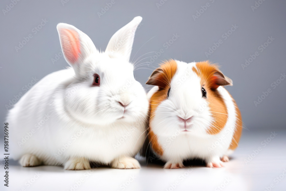 rabbit and guinea pig on a white background, space for text. Animal food advertising concept.