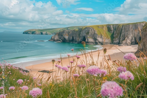 /imagine A picturesque beach in Ireland, framed by dramatic sea cliffs and rolling green hills. Wildflowers carpet the dunes, adding a splash of color to the rugged landscape.