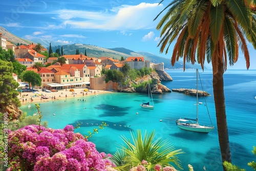 /imagine A picturesque bay in Croatia, dotted with charming red-roofed houses and swaying palm trees. Sailboats glide gracefully through crystal-clear waters, under the warm Mediterranean sun.