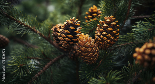 a pine cone is hanging from a tree branch with needles and needles on it's branches, with a blurry background