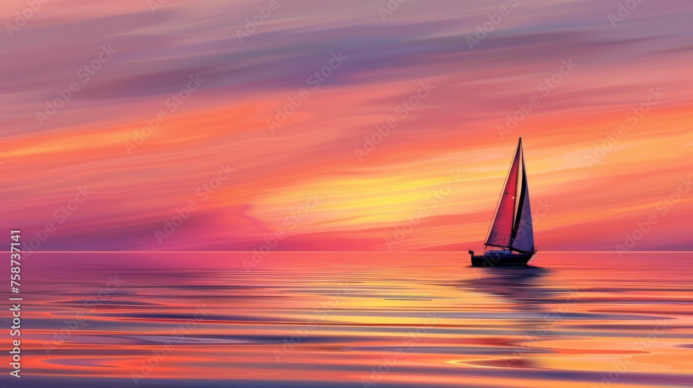 Serene Sunset Cruise: Sailboat on Calm Waters under Vibrant Skies