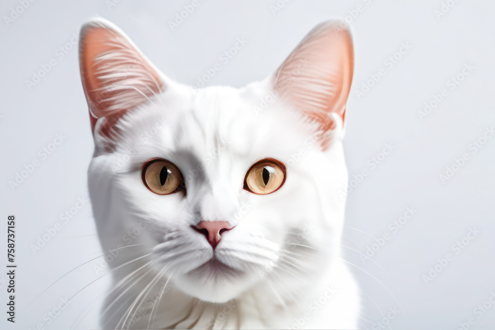 cute little white kitten on a white background, space for text. Pet food advertising concept and cat day.