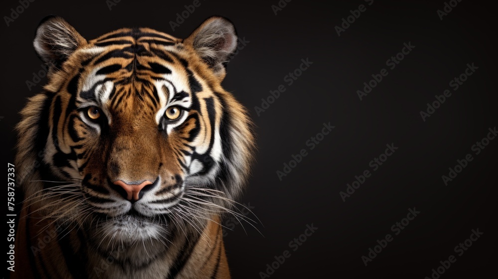 photo of a tiger's head on a plain black background with space for text. mock-up photo of a tiger's head on a plain black background with space for text. mock-up
