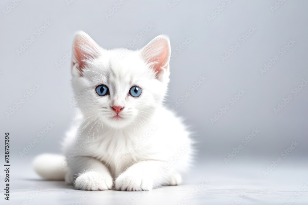 cute little white kitten on a white background, space for text. Pet food advertising concept and cat day.