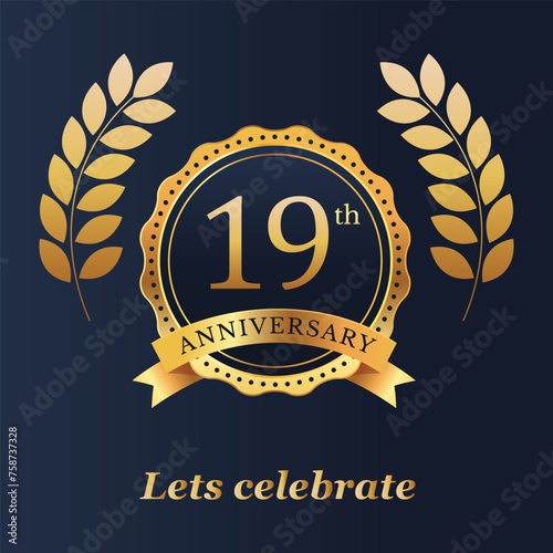 Anniversary 19th. gold numbers. Poster template for Celebrating 18th anniversary event party. Vector illustration photo