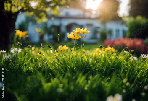 Beautiful garden with green grass stock photo