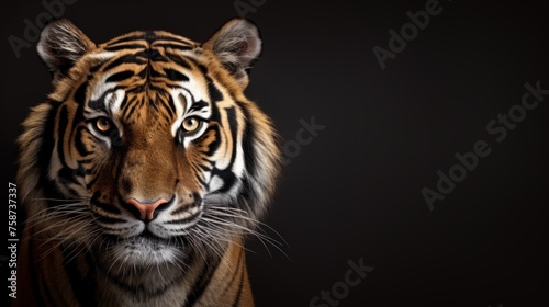 photo of a tiger s head on a plain black background with space for text. mock-up