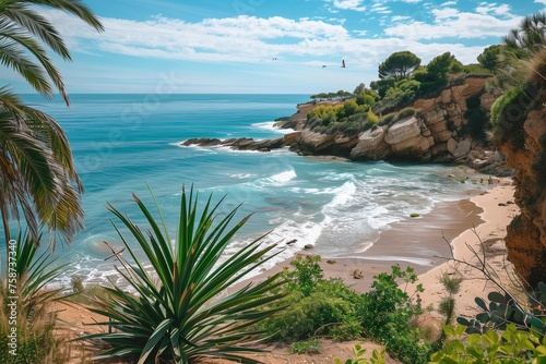 /imagine A remote beach in Spain, accessible only by rugged hiking trails. The sound of crashing waves fills the air, mingling with the calls of seagulls and the rustle of palm fronds.