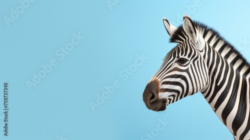 photo of a zebra's head on a plain blue background with space for text. mock-up