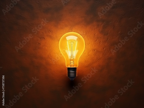 banner Yellow light bulb glowing on a dark orange background, symbolizing ideas and creativity,mock-up