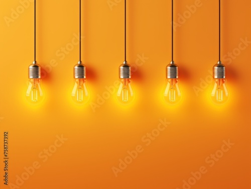 banner five Yellow light bulb glowing on an orange background, symbolizing ideas and creativity,mock-up