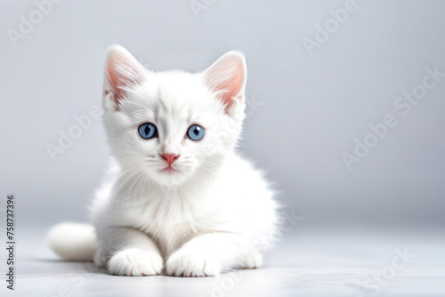 cute little white kitten on a white background, space for text. Pet food advertising concept and cat day. photo