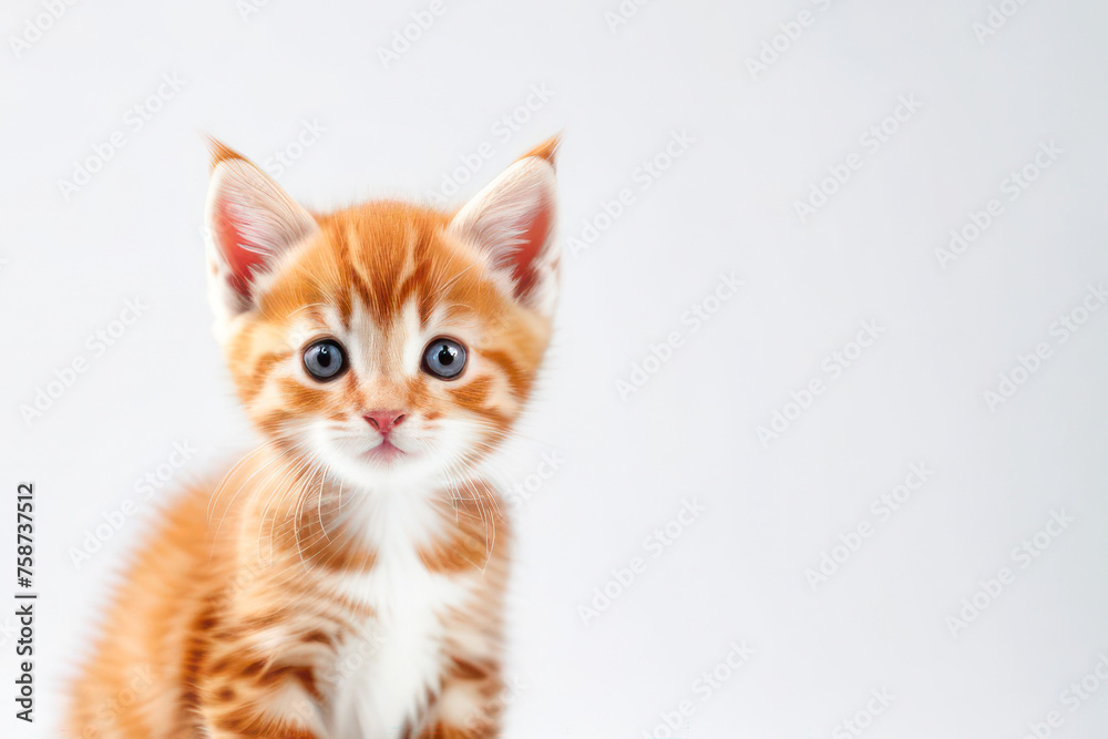 cute little red kitten on a white background, space for text. Pet food advertising concept and cat day. cute little red kitten on a white background, space for text. Pet food advertising concept and cat day.
