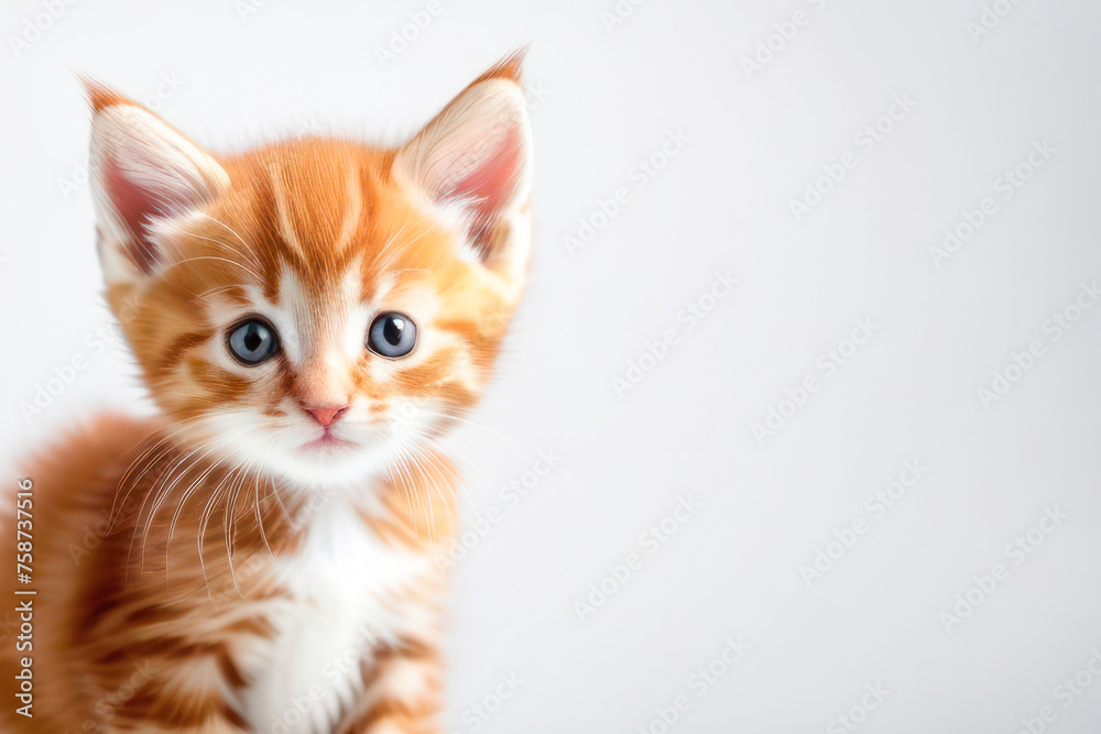 cute little red kitten on a white background, space for text. Pet food advertising concept and cat day.