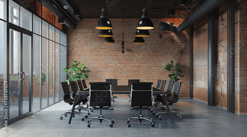 conference room is brightened by natural light streaming through large windows