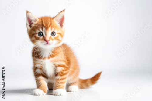cute little red kitten on a white background, space for text. Pet food advertising concept and cat day.