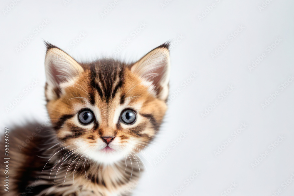 cute little kitten on a white background, space for text. Pet food advertising concept and cat day.