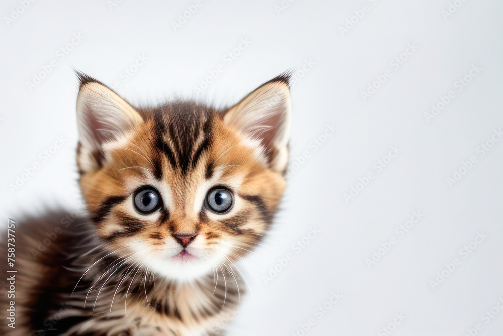 cute little kitten on a white background, space for text. Pet food advertising concept and cat day. cute little kitten on a white background, space for text. Pet food advertising concept and cat day.