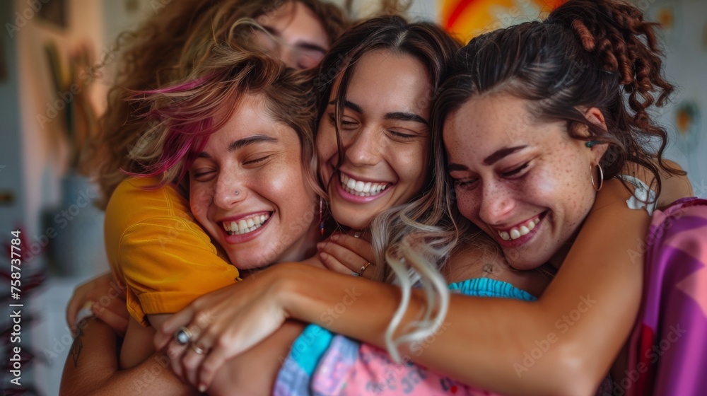 Four young friends in joyful hug, moments of laughter shared in intimate home setting Four young friends in joyful hug, moments of laughter shared in intimate home setting
