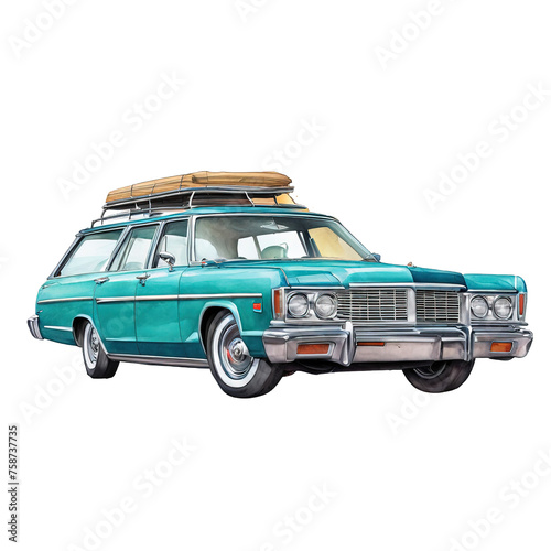 Station wagon watercolor illustration, teal colored car, vector clipart, cutout on white background, transport travel vehicle