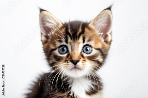 cute little kitten on a white background, space for text. Pet food advertising concept and cat day.