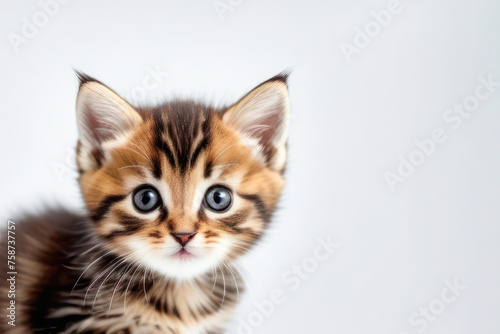 cute little kitten on a white background, space for text. Pet food advertising concept and cat day.