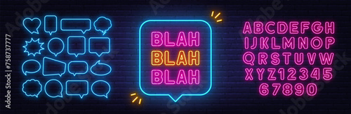 Blah neon sign in the speech bubble on brick wall background.