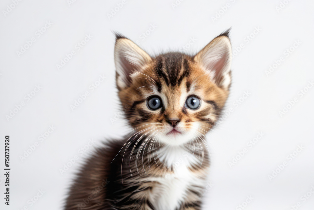 cute little kitten on a white background, space for text. Pet food advertising concept and cat day. cute little kitten on a white background, space for text. Pet food advertising concept and cat day.