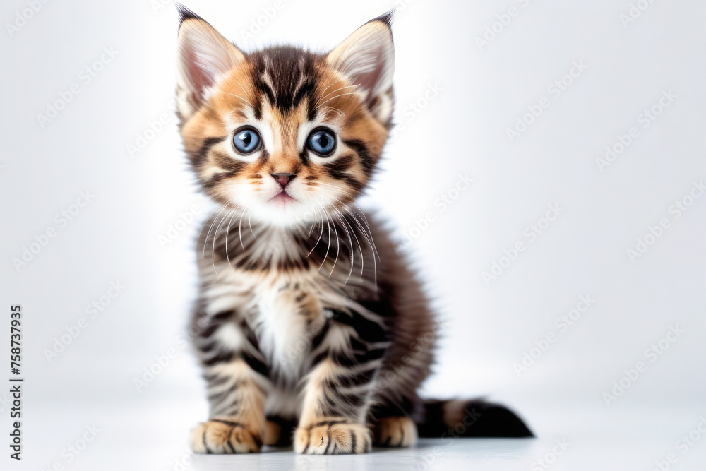 cute little kitten on a white background, space for text. Pet food advertising concept and cat day.