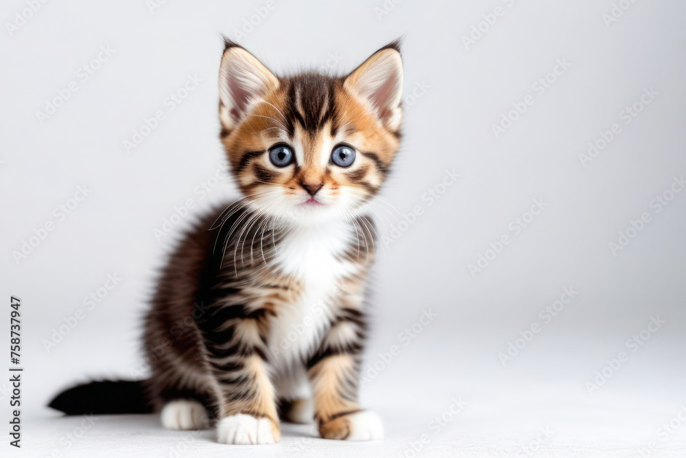 cute little kitten on a white background, space for text. Pet food advertising concept and cat day.