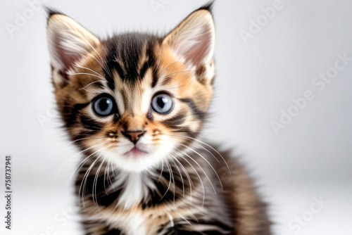 cute little kitten on a white background, space for text. Pet food advertising concept and cat day.