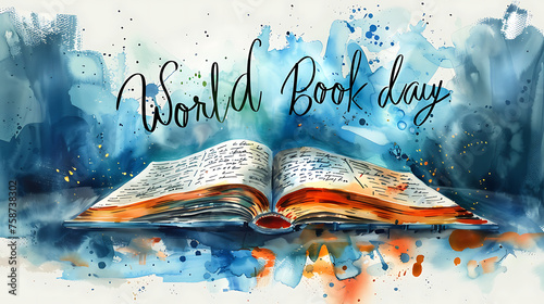 book with a watercolor background that says world book day, international book day, 23 April #758738302
