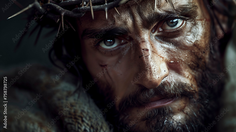 A poignant close-up of a figure resembling the biblical Jesus, crowned with thorns, symbolizing sacrifice and compassion. A poignant close-up of a figure resembling the biblical Jesus, crowned with thorns, symbolizing sacrifice and compassion.