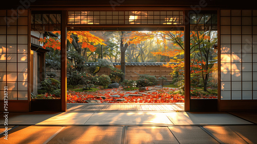 Traditional Japanese Room Overlooking Autumn Garden