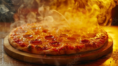 Hot and delicious pizza with burning fire background. Fast food concept.