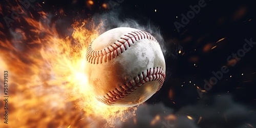 Baseball on fire on black background. Ai Generative