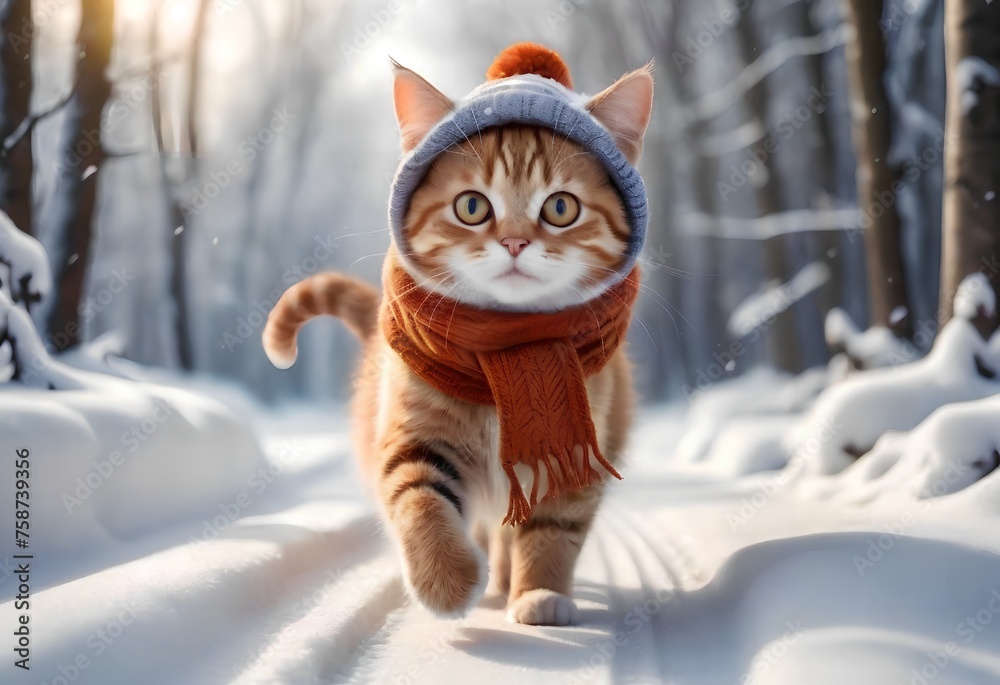 The cat is walking outside on a winter day, dressed warmly.