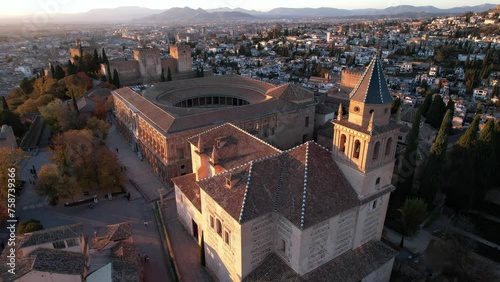 Granada, Spain: Aerial drone footage of the Granada old town with the famous Alhambra citadel.