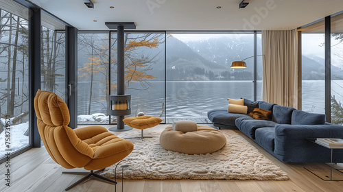 Modern Lakeside Living Room Interior with Mountain View