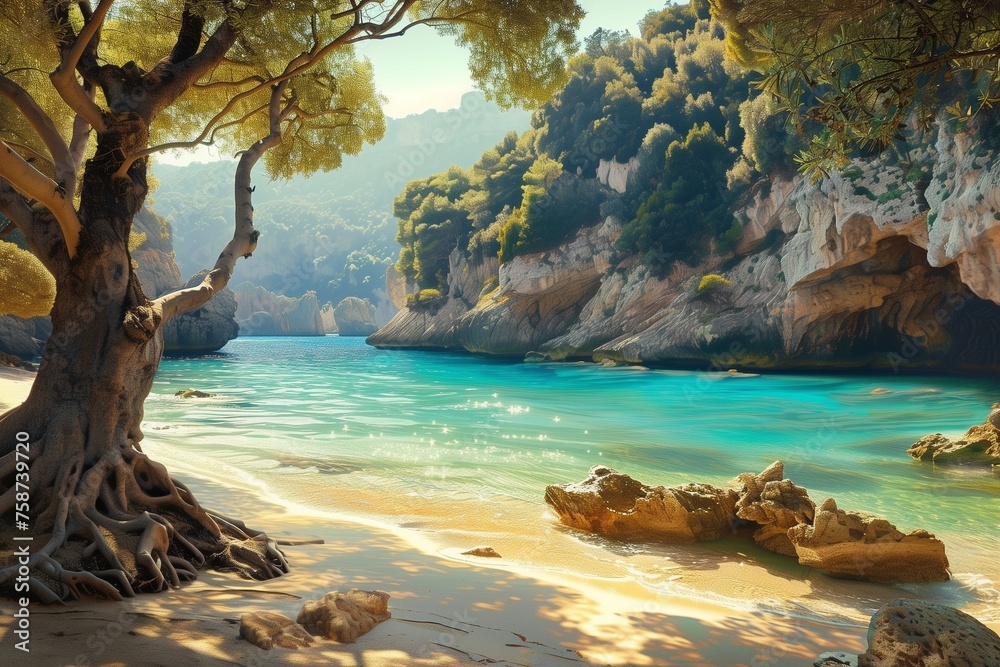 /imagine A tranquil bay in Italy, with rugged cliffs rising from the crystal-clear waters below. Sunlight filters through the canopy of trees, casting dancing shadows on the sandy shore.