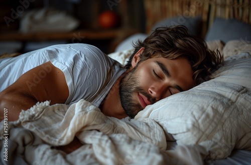 peaceful scene unfolds as a dapper gentleman rests in bed, nestled under white linens