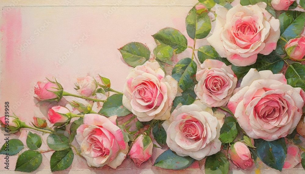 Różowe róże na różowym tle. Kwiatowa retro tapeta, tło, ilustracja - obrazy, fototapety, plakaty 