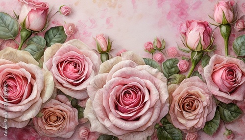 Różowe róże na różowym tle. Kwiatowa retro tapeta, tło, ilustracja