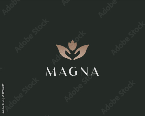 Abstract flower in hands premium logo. Creative gardening vector sign. Universal plant garden florist icon.