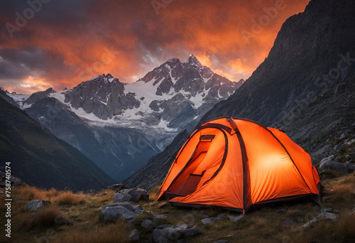 Glowing orange tent camping in the mountains in front of majestic mountain range