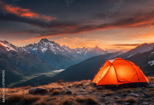 Glowing orange tent camping in the mountains in front of majestic mountain range © Mohsin
