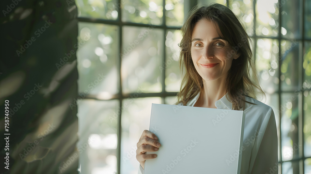 woman decent smiling, holding a medium sized vertical white box woman decent smiling, holding a medium sized vertical white box